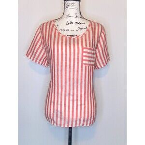Christian Siriano Linen Hi-Lo Short Sleeve Top LG Red White Stripe Boho Beachy